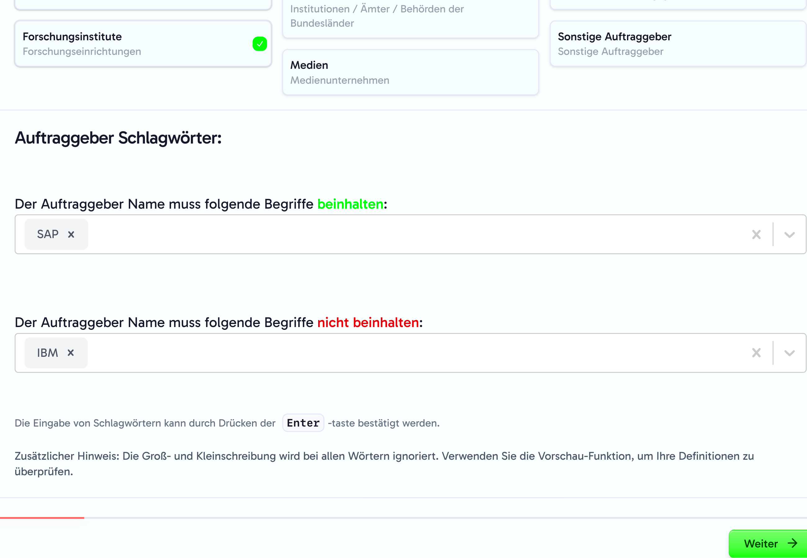 Auftraggeber Filterung